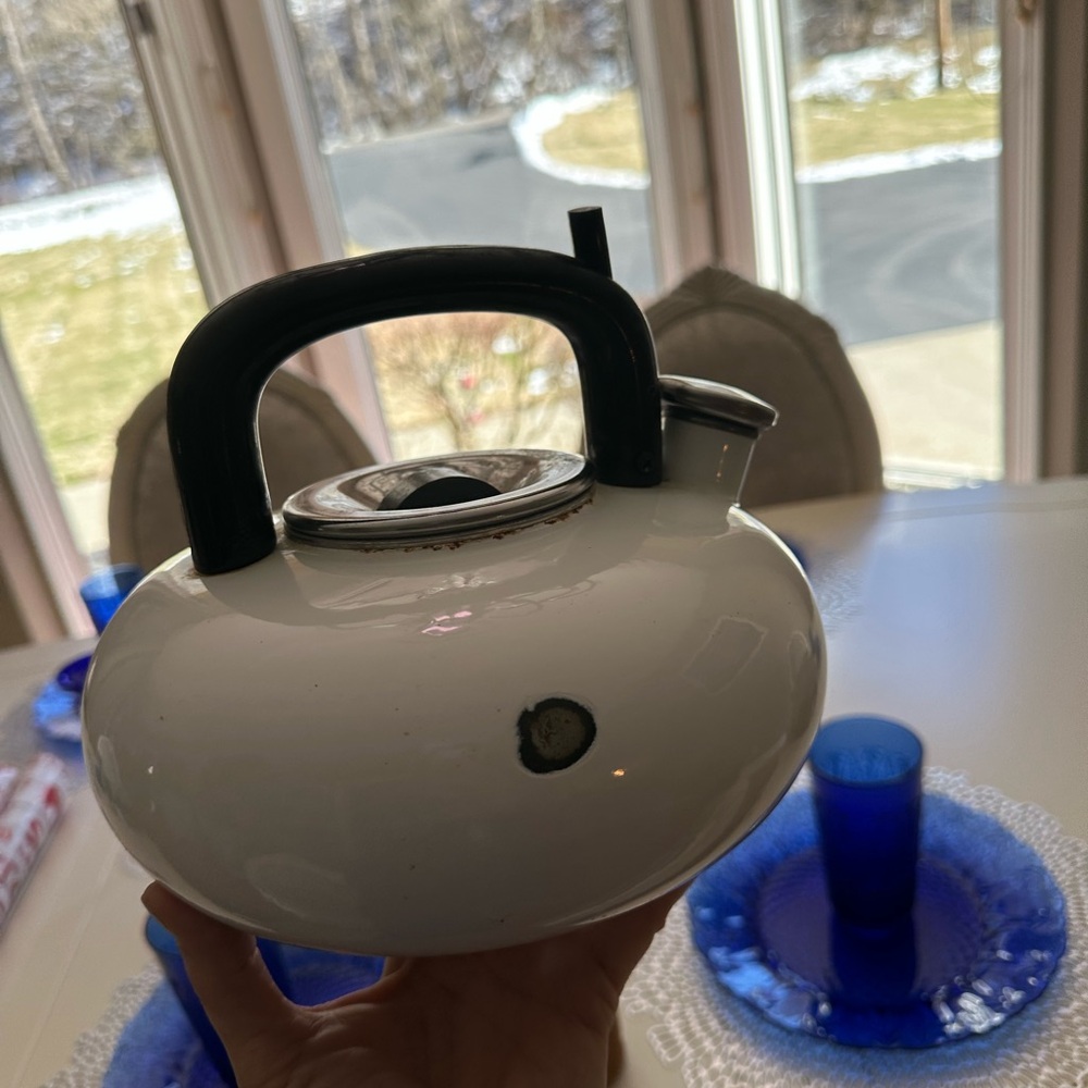vintage Copco white enamel whistling tea kettle designed by Sam Lebowitz